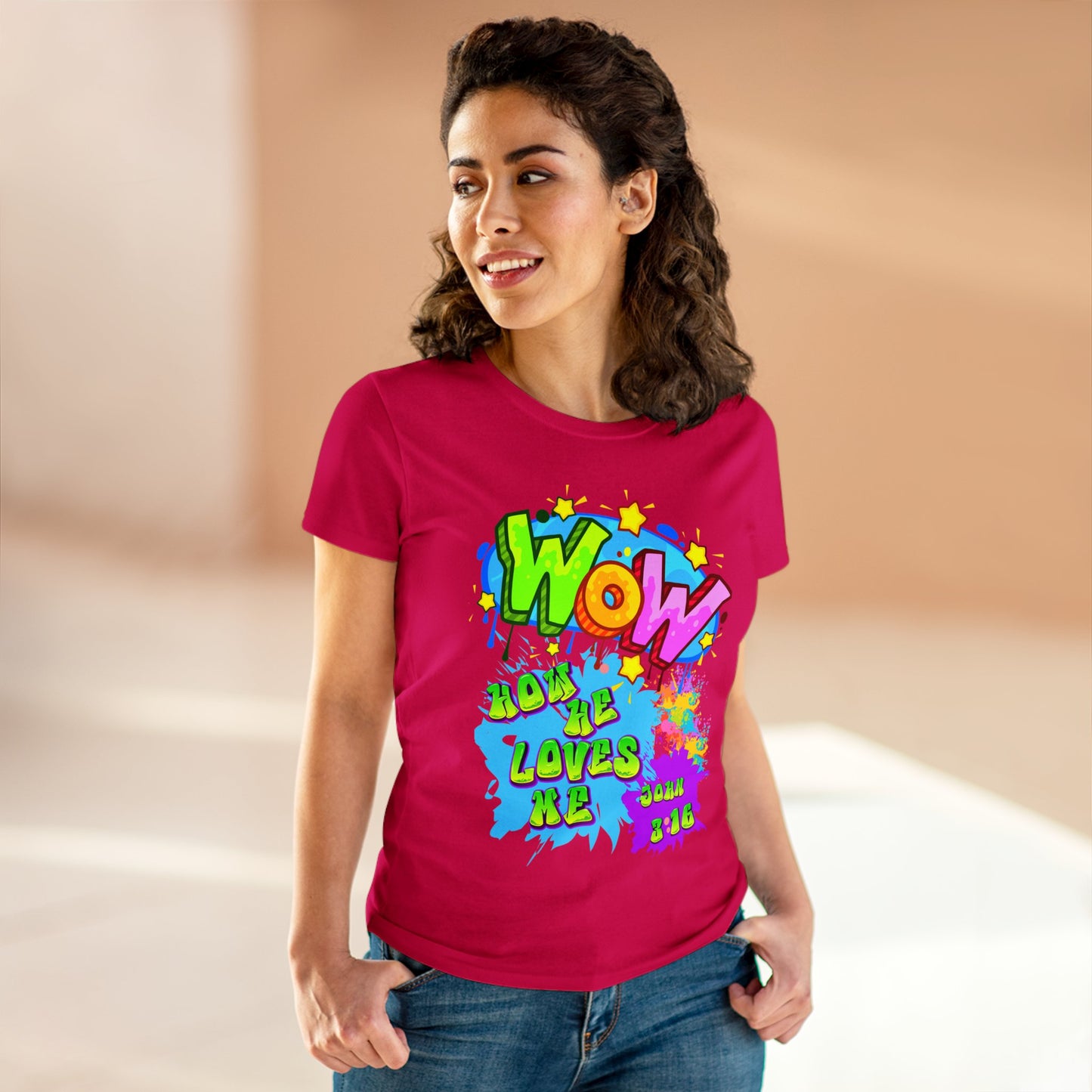 Women's Midweight Cotton Tee. Theme : WOW how he loves me! John 3:16