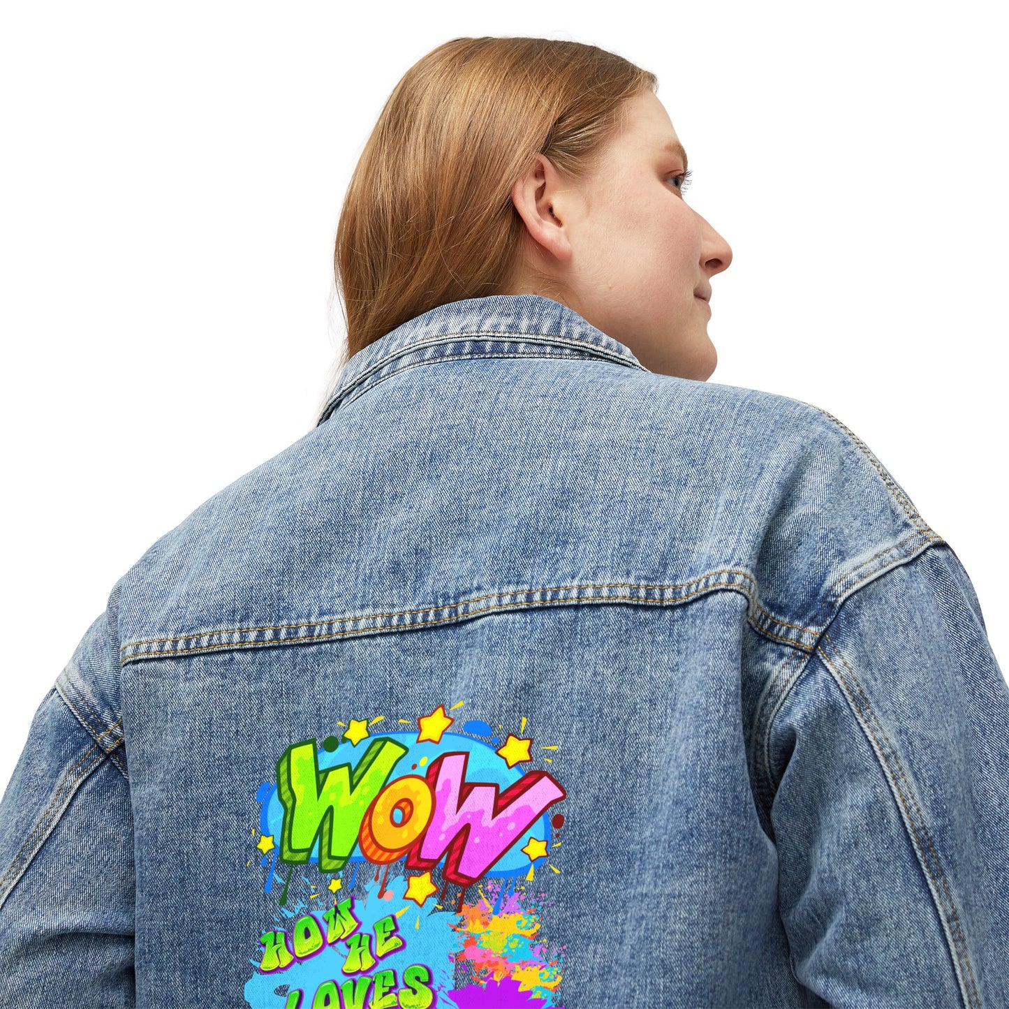 Women's Denim Jacket: Theme: Wow how he loves me.