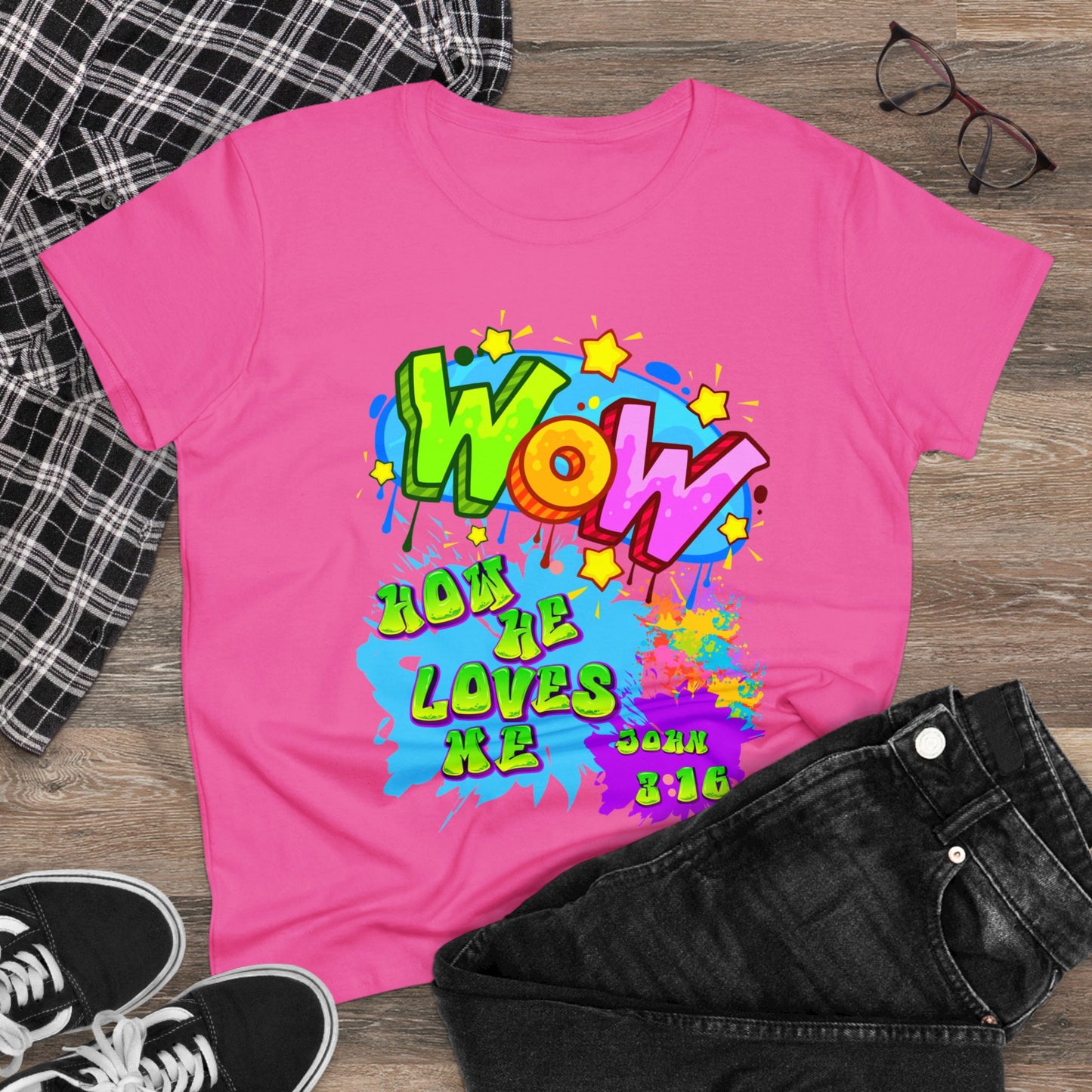 Women's Midweight Cotton Tee. Theme : WOW how he loves me! John 3:16