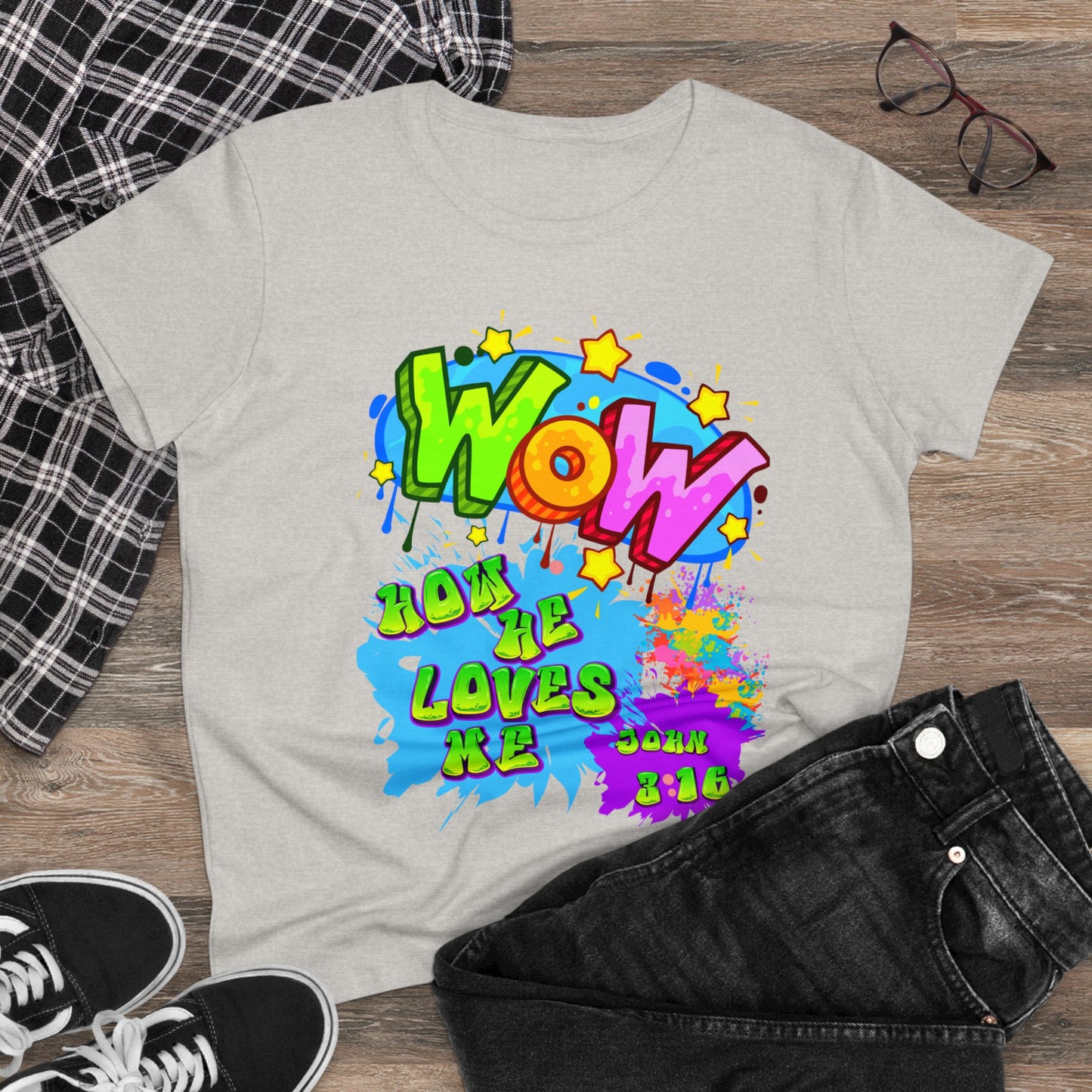 Women's Midweight Cotton Tee. Theme : WOW how he loves me! John 3:16