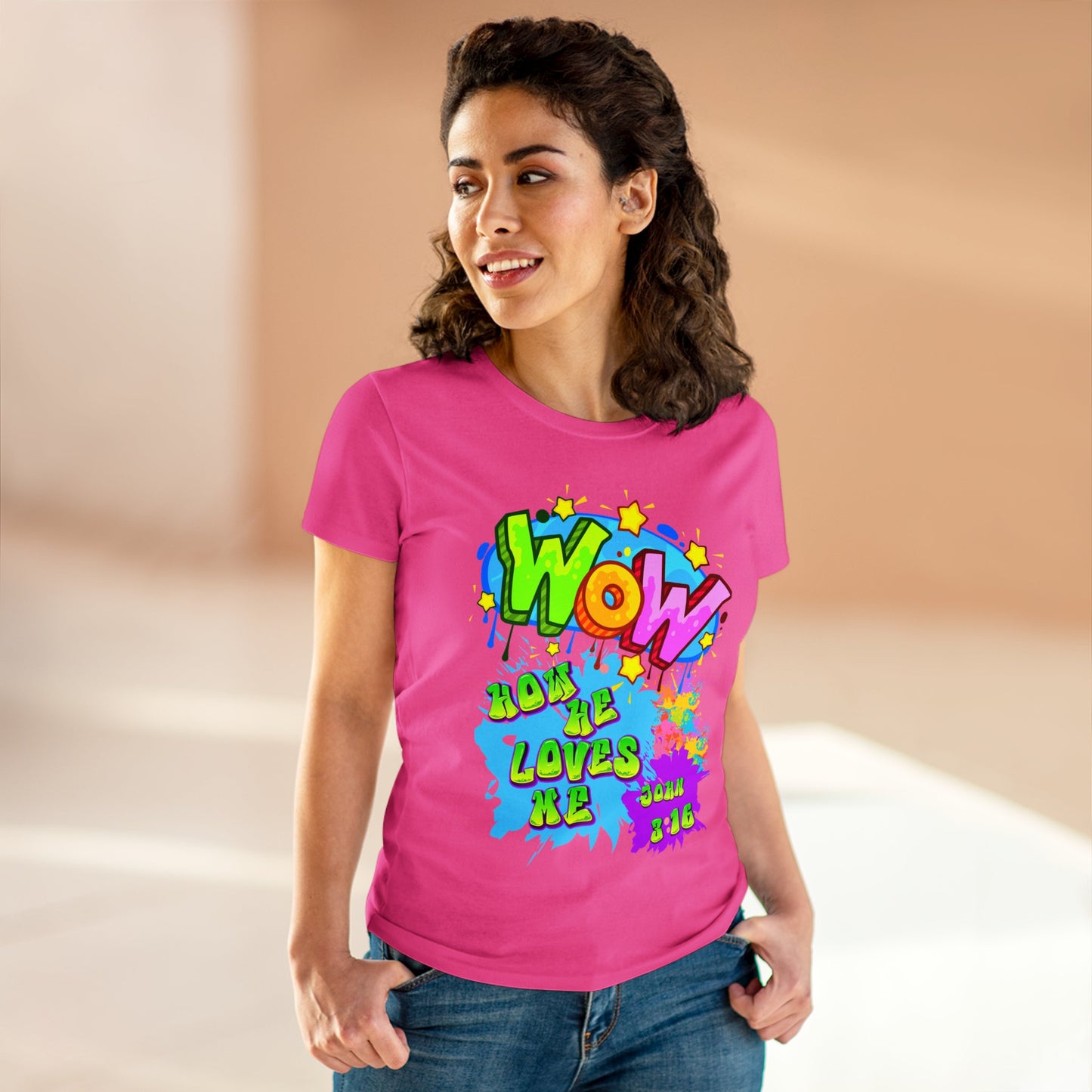 Women's Midweight Cotton Tee. Theme : WOW how he loves me! John 3:16