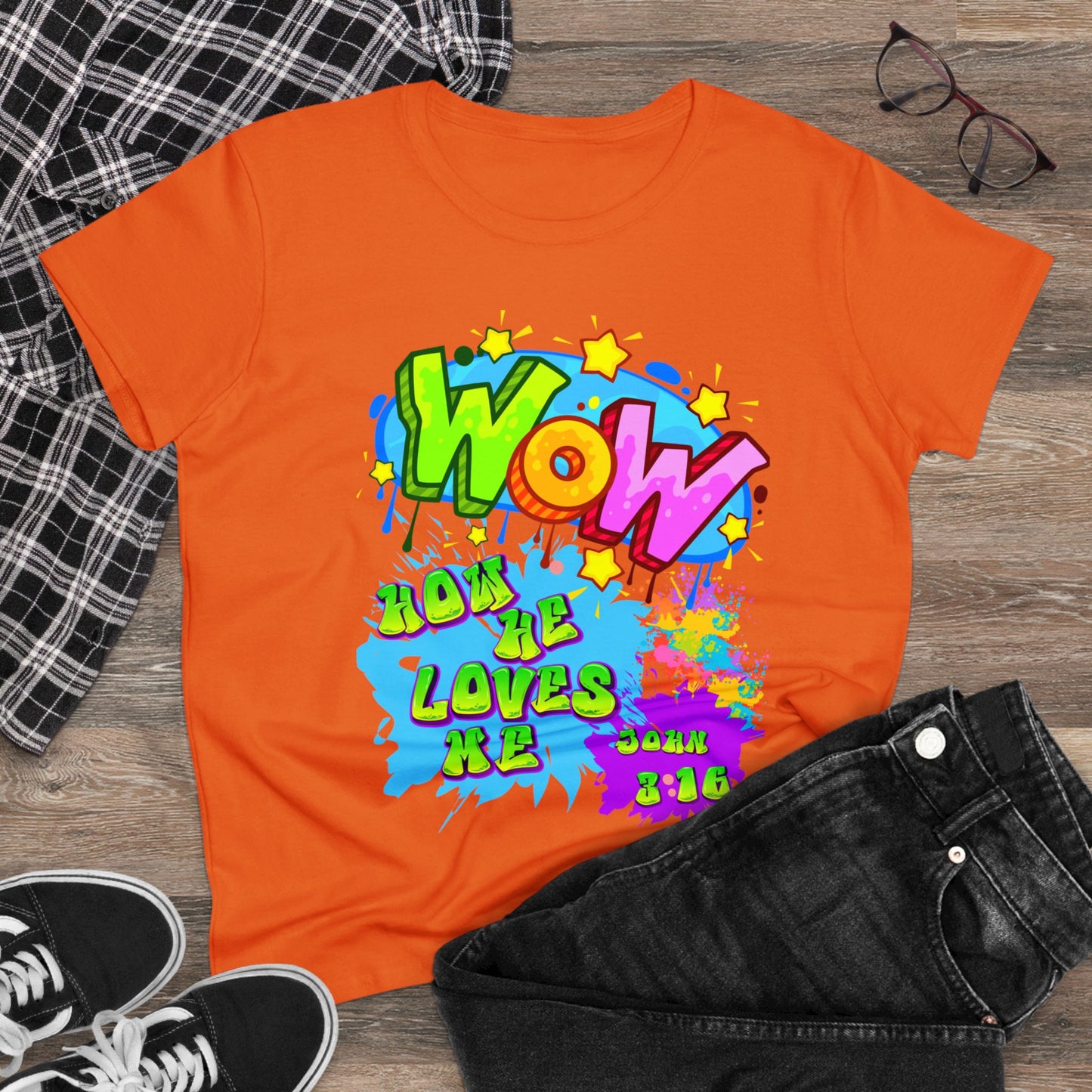 Women's Midweight Cotton Tee. Theme : WOW how he loves me! John 3:16