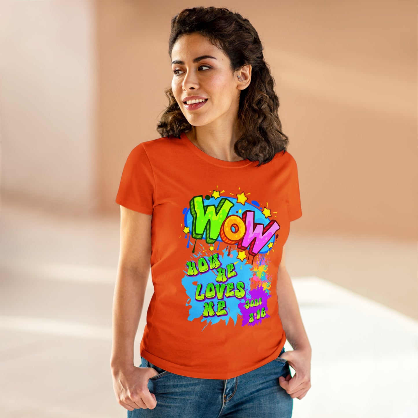 Women's Midweight Cotton Tee. Theme : WOW how he loves me! John 3:16