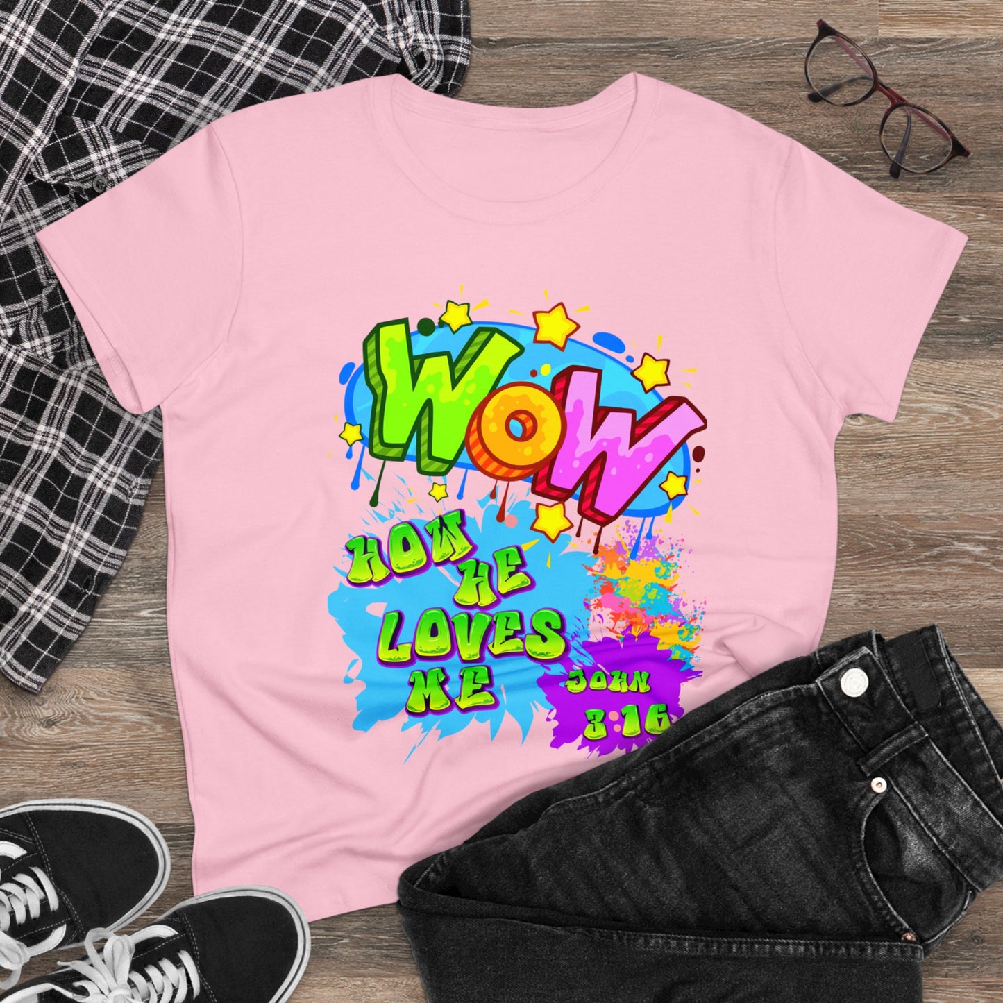 Women's Midweight Cotton Tee. Theme : WOW how he loves me! John 3:16