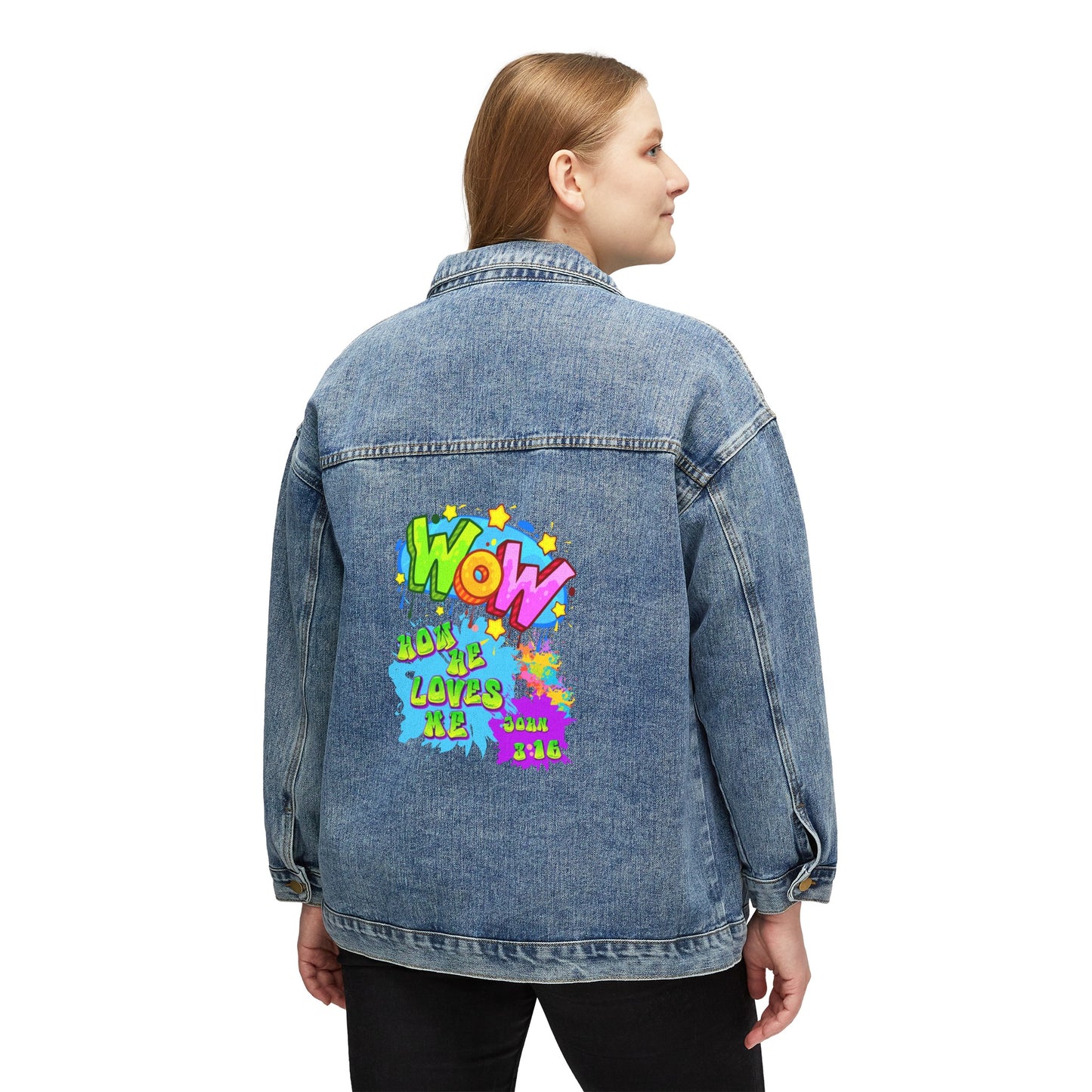 Women's Denim Jacket: Theme: Wow how he loves me.