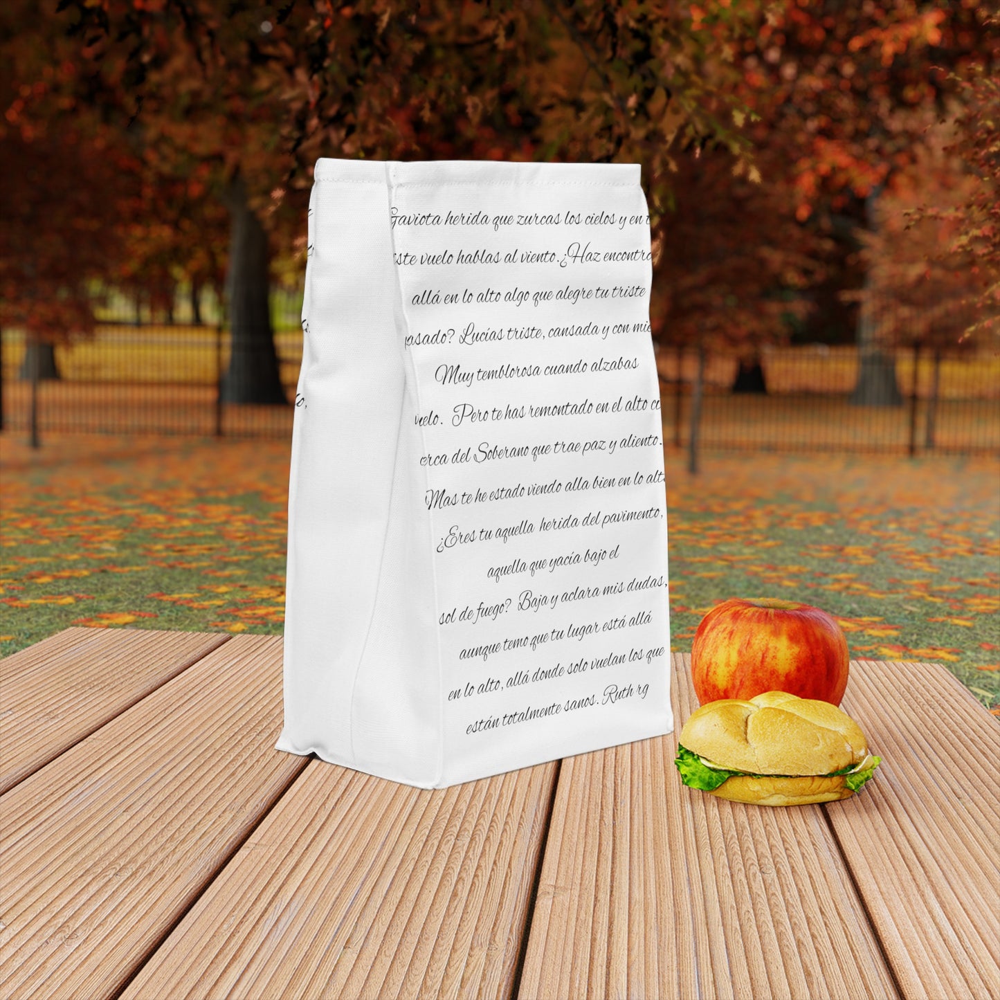 Polyester Lunch Bag: Wounded Seagull/ poem in Spanish Theme: